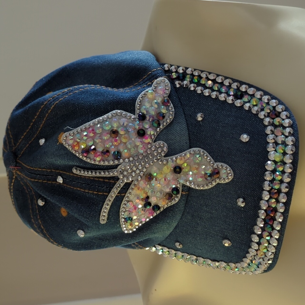 - Denim Rhinestones Butterfly Cap